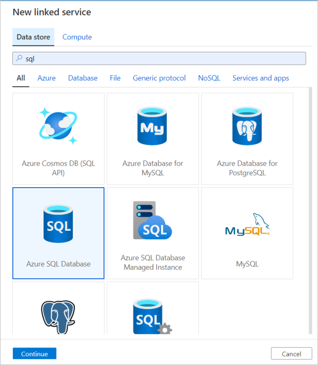 Azure portalında yeni bir Azure SQL Veritabanı bağlı hizmet oluşturma işleminin ekran görüntüsü.