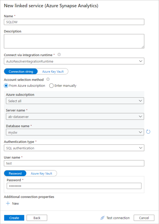 AZURE portalında SQLDW adlı yeni bir Azure Synapse Analytics bağlı hizmeti yapılandırma işleminin ekran görüntüsü.