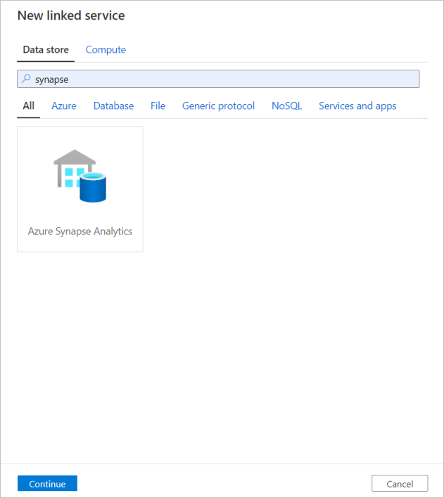 Azure portalında yeni bir Azure Synapse Analytics bağlı hizmeti oluşturma işleminin ekran görüntüsü.