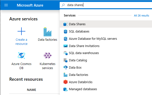 Azure portalı arama çubuğunda veri paylaşımlarını arama işleminin Azure portalının ekran görüntüsü.