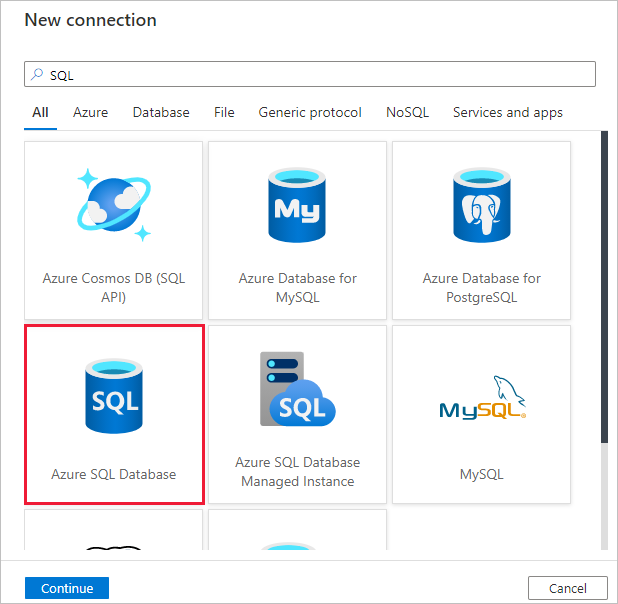 Azure SQL veritabanını seçme