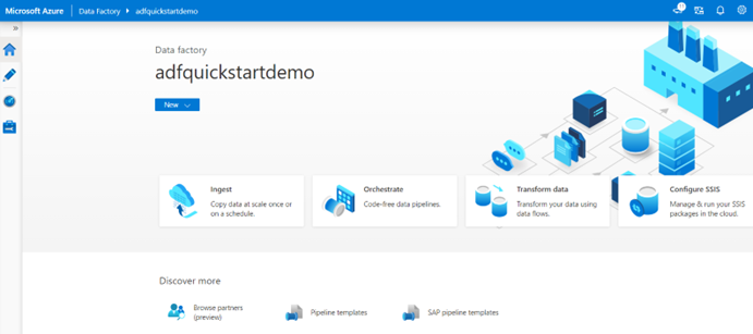 Azure Data Factory Studio giriş sayfasının ekran görüntüsünü gösterir.