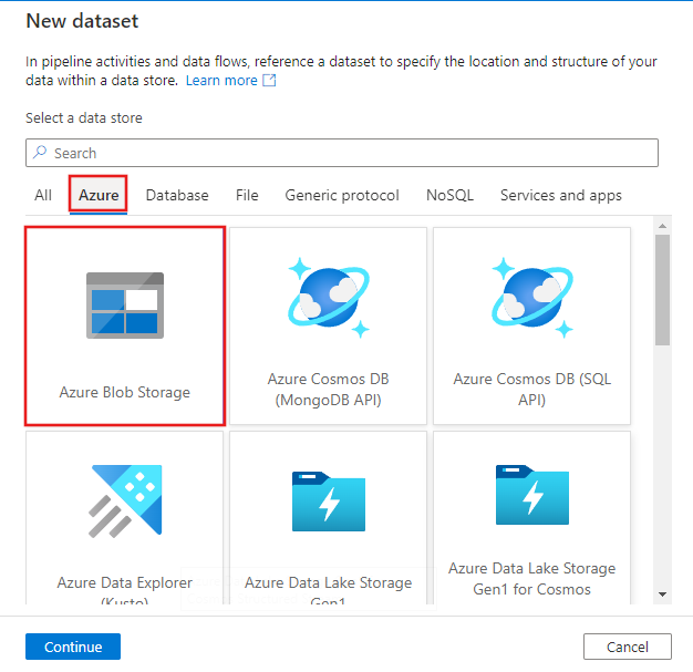 Azure Blob Depolama seç düğmesinin ekran görüntüsünü gösterir.