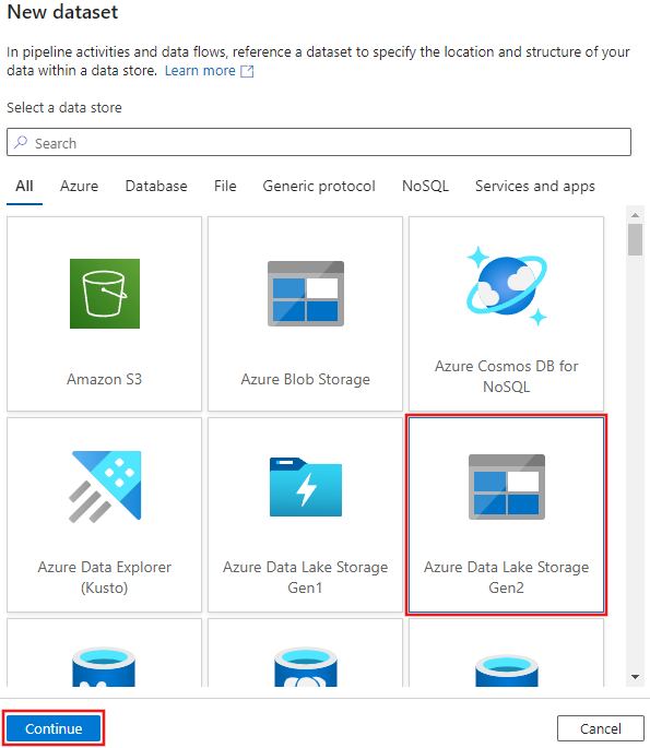 Yeni veri kümesi penceresinden Azure Data Lake Storage 2. Nesil seçileceği yeri gösteren ekran görüntüsü.