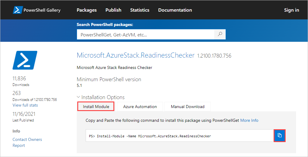 Azure Stack Edge Ağ Hazırlığı Denetleyicisi aracının indirme sayfasını gösteren ekran görüntüsü. Modülü Yükle sekmesi ve Kopyala simgesi vurgulanır.