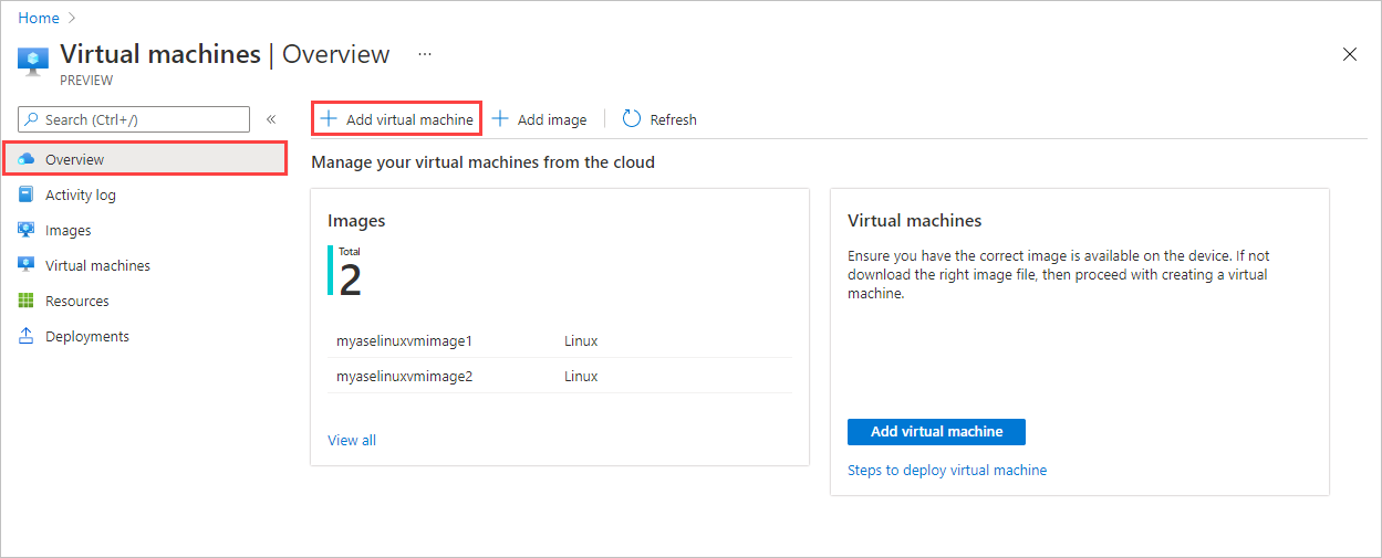 Azure Stack Edge cihazındaki sanal makineler için Genel Bakış bölmesini gösteren ekran görüntüsü. Artı Sanal Makine Ekle düğmesi vurgulanır.