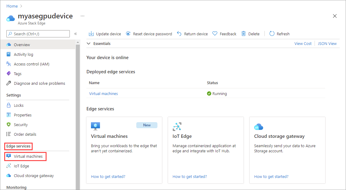 Azure Stack Edge cihazının Genel Bakış bölmesini gösteren ve Edge Hizmetleri'nin altındaki Sanal makineler seçeneğinin vurgulandığı ekran görüntüsü.