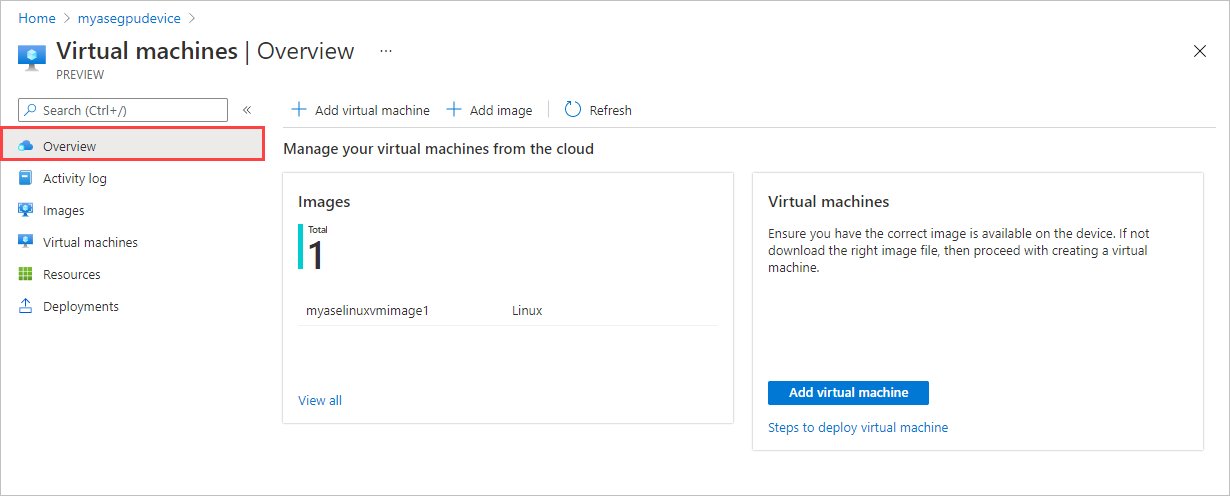 Azure Stack Edge cihazının Sanal Makineler görünümündeki Genel Bakış bölmesinin ekran görüntüsü. VM bulut yönetimini etkinleştirmek için Etkinleştir düğmesi vurgulanır.