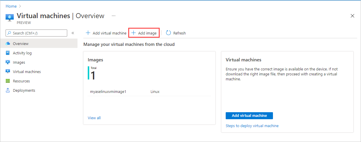 Sanal Makineler için Genel Bakış bölmesinin, Artı Resim Ekle düğmesinin vurgulandığı ekran görüntüsü.