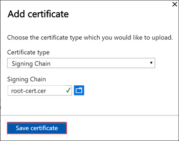 Azure Stack Edge cihazına İmzalama Zinciri sertifikası eklerken Sertifika Ekle ekranını gösteren ekran görüntüsü. Sertifikayı Kaydet düğmesi vurgulanır.