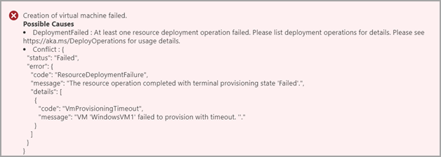 Azure Stack Edge'de VM sağlama zaman aşımına uğradıktan sonra Azure portalında görüntülenen hatanın ekran görüntüsü.