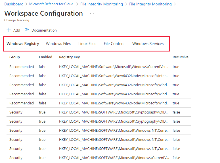 Bulut için Microsoft Defender'da dosya bütünlüğü izleme için çalışma alanı yapılandırmasının ekran görüntüsü.