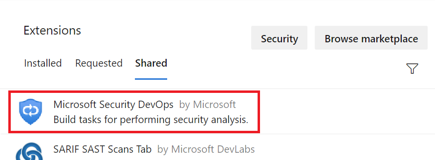 Microsoft Güvenlik DevOps'un nerede seçildiğini gösteren ekran görüntüsü.