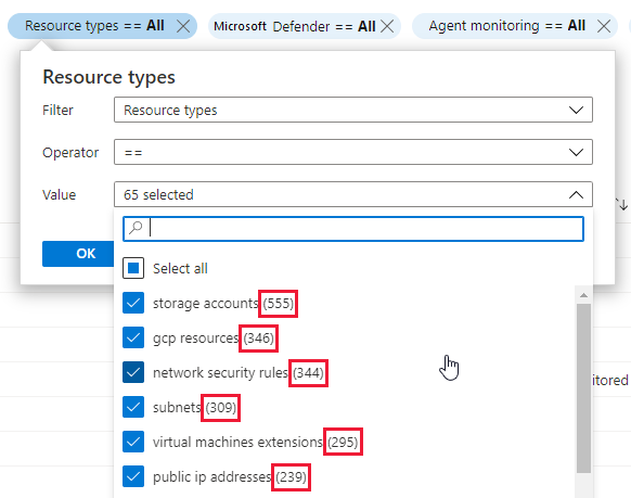 Azure Güvenlik Merkezi varlık envanteri sayfasındaki filtrelerdeki sayımlar.