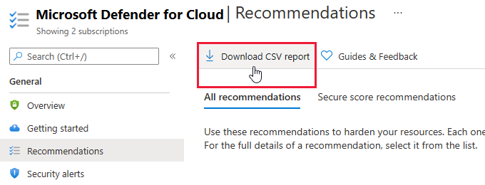 Öneri verilerini dışarı aktarmak için Güvenlik Merkezi'nin 'CSV raporunu indir' düğmesi.