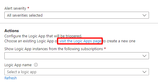 İş akışı otomasyonu ekleme ekranının eylemler bölümünü ve Azure Logic Apps'i ziyaret etme bağlantısını gösteren ekran görüntüsü.