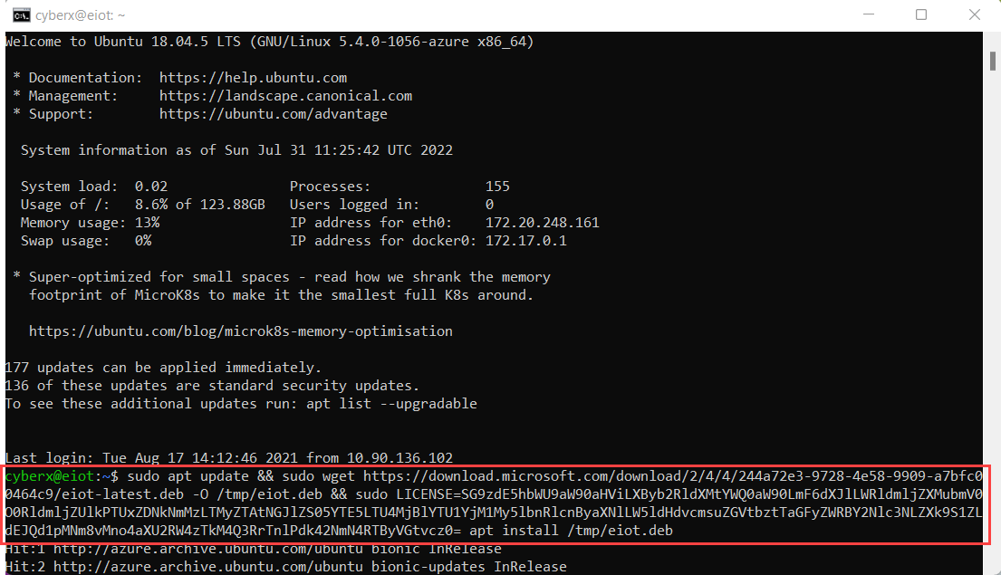 Screenshot of running the command to install the Enterprise IoT sensor monitoring software.