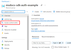 Azure kaynak grubunun sol tarafındaki menüde Erişim denetimi (I A M) menü öğesinin konumunu gösteren ekran görüntüsü.
