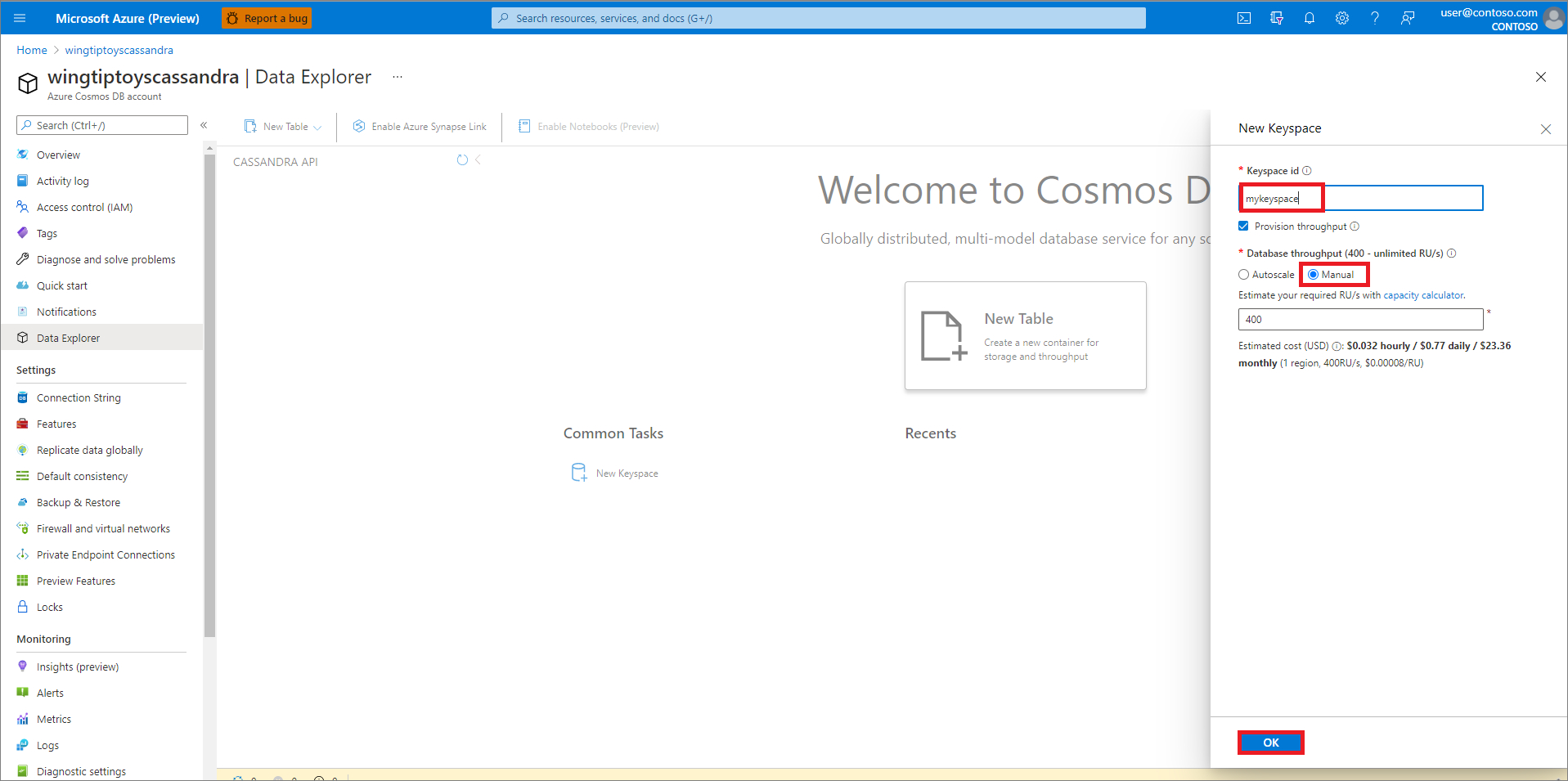 Azure Cosmos DB anahtar alanı oluşturma.