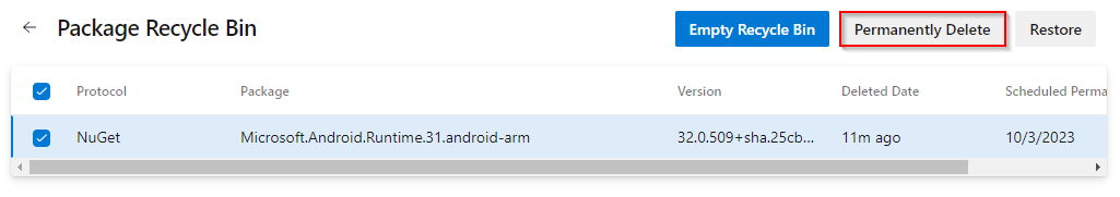 Azure Artifacts'te bir paketi kalıcı olarak silmeyi gösteren ekran görüntüsü.
