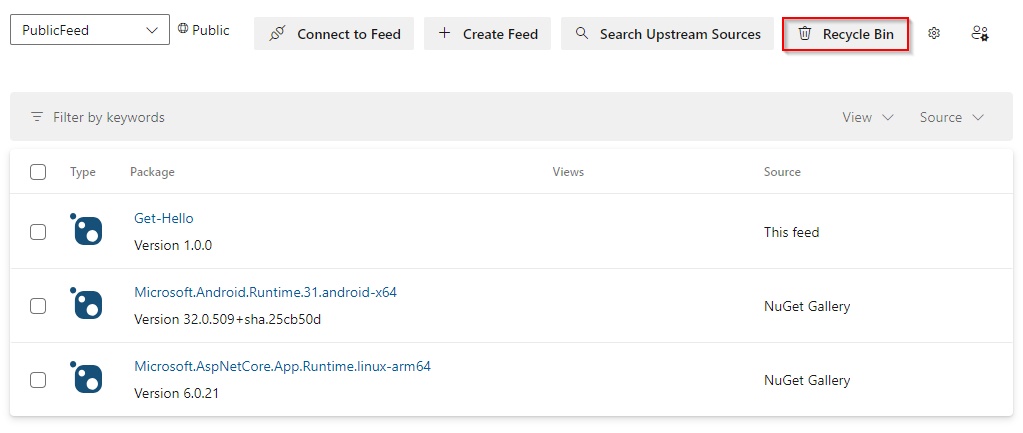 Azure Artifacts'te geri dönüşüm kutusuna erişmeyi gösteren ekran görüntüsü.