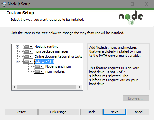 node.js nasıl ayarlandığını gösteren ekran görüntüsü.