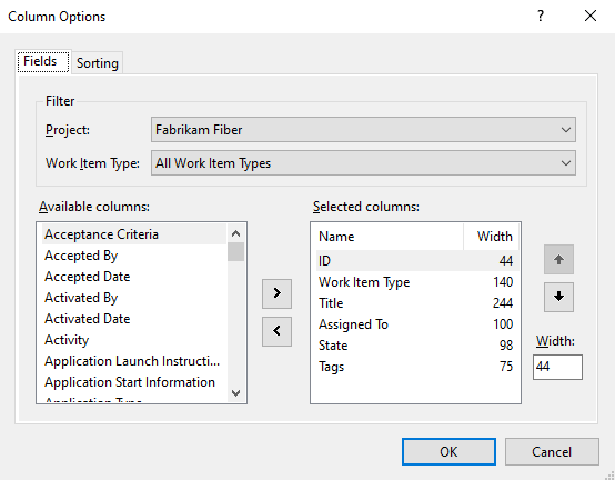 Sütun Seçenekleri iletişim kutusu, Visual Studio, Alanlar sekmesi.