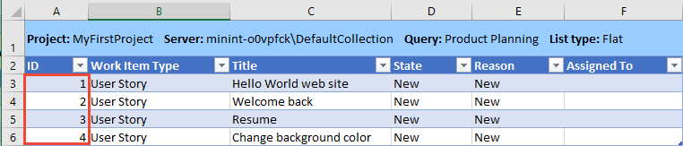 Excel'de yayımlanan iş öğesi kimliklerinin ekran görüntüsü.