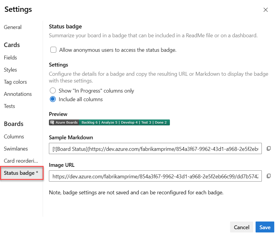 Screenshot of Kanban Board Settings dialog, Status badge tab.