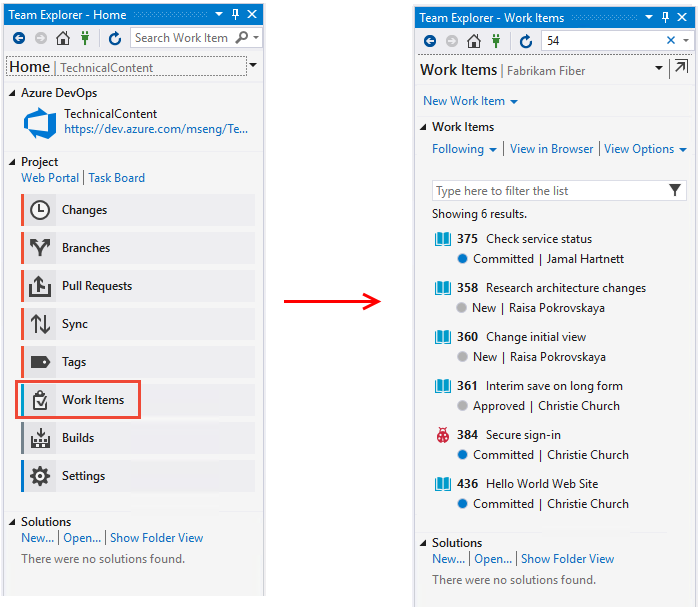 Visual Studio, Takım Gezgini, İş Öğelerini Aç hub'ının ekran görüntüsü.