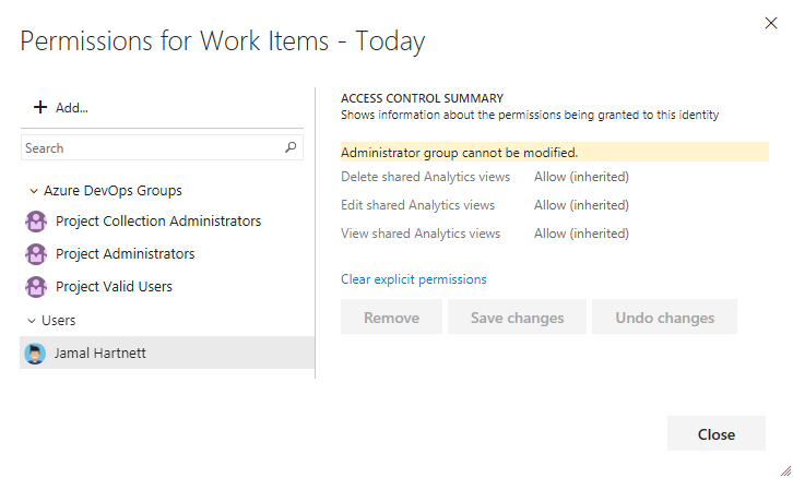 Paylaşılan Analiz görünümü güvenlik iletişim kutusunu yönet, kullanıcının izinlerini değiştir( Azure DevOps Server) ekran görüntüsü.