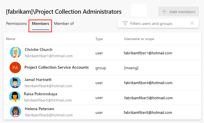 Ekran görüntüsü, Proje Koleksiyonu Yöneticileri için İzinler grubunda Üyeler sekmesini gösterir.