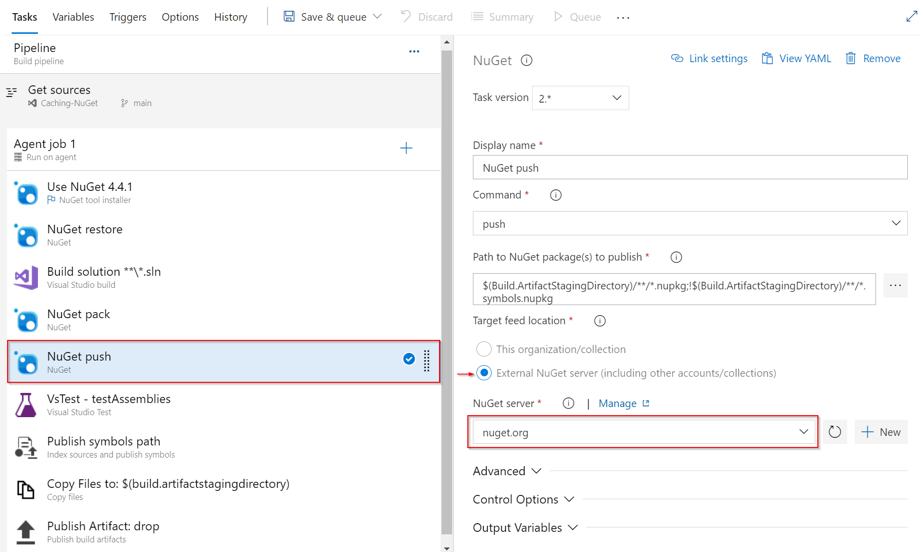 NuGet görevinin paketleri nuget.org yayımlamak için nasıl yapılandırıldığını gösteren ekran görüntüsü.