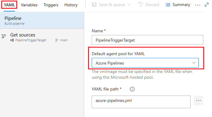 YAML işlem hatları için varsayılan aracı havuzunun ekran görüntüsü.