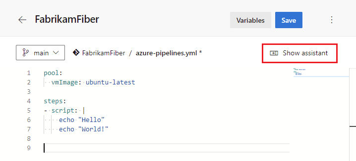 YAML işlem hatlarını düzenlemek için ask yardımcısı'nı gösterin.