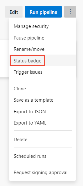 YAML işlem hattı Diğer Eylemler menü seçeneklerinin ekran görüntüsü.