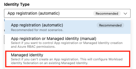 Kullanıcı tarafından atanan kimlikle yönetilen kimliğin Azure Resource Manager seçimini gösteren ekran görüntüsü.