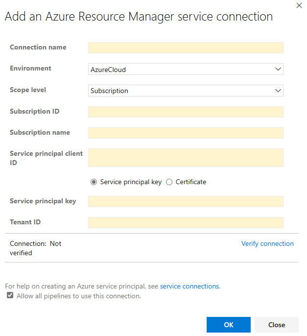 Azure Resource Manager hizmet bağlantısı ekleme seçeneğinin ekran görüntüsü.