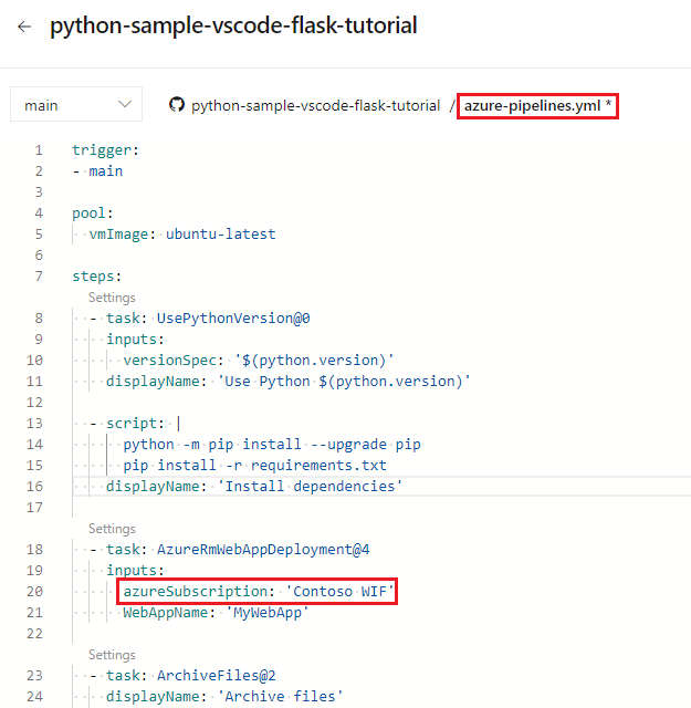 YAML hizmet bağlantısı ayarının ekran görüntüsü.