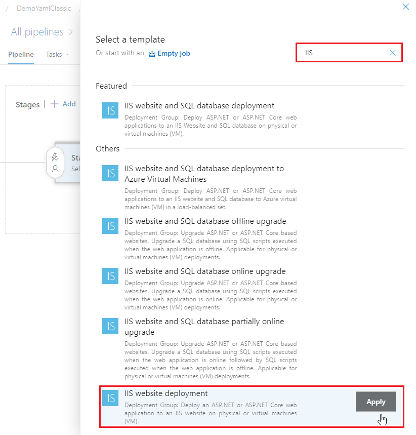 IIS web sitesi dağıtım şablonunun nasıl ekleneceğini gösteren ekran görüntüsü.