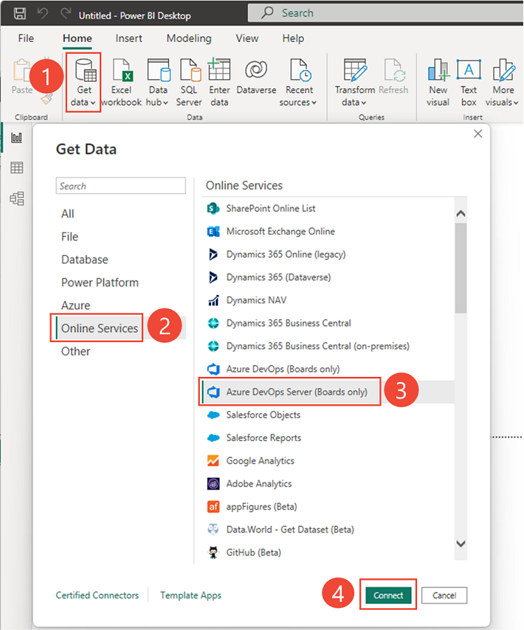 Power BI, Azure DevOps Server'a bağlan (yalnızca Panolar) ekran görüntüsü.