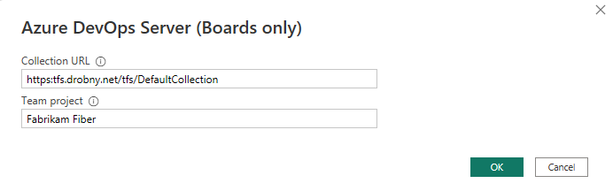 Azure DevOps Proje Koleksiyonu ve proje adını girmek için Power BI, İletişim Kutusu'nun ekran görüntüsü.