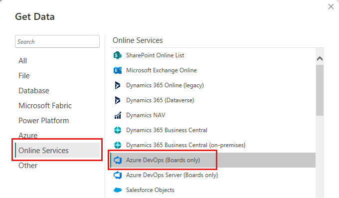 Azure DevOps'yi seçebileceğiniz Veri Al iletişim kutusunu gösteren ekran görüntüsü.