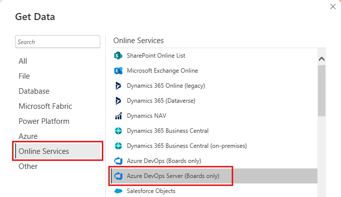 Azure DevOps Server'ı seçebileceğiniz Veri Al iletişim kutusunu gösteren ekran görüntüsü.