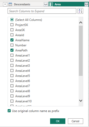 Power BI dönüştürme verilerinin, AreaPath sütununu genişlet seçeneğinin ekran görüntüsü.