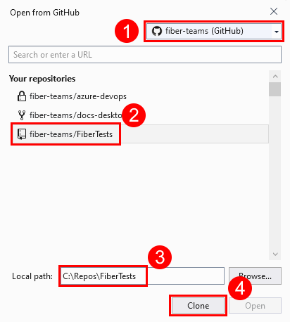 Visual Studio'da 'GitHub'dan Aç' penceresinin ekran görüntüsü.