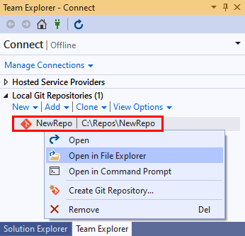 Visual Studio 2019'da 'Takım Gezgini'nin 'Bağlan' görünümünün 'Yerel Git Depoları' bölümündeki yeni depo girişinin ve bağlam menüsünün ekran görüntüsü.