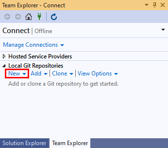 Visual Studio 2019'da 'Takım Gezgini'nin 'Bağlan' görünümünün 'Yerel Git Depoları' bölümündeki yeni depo seçeneğinin ekran görüntüsü.