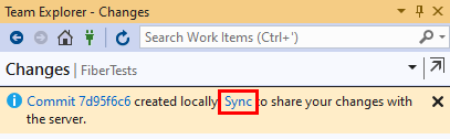 Visual Studio 2019'da işleme yaptıktan sonra görüntülenen Eşitleme bağlantısının ekran görüntüsü.