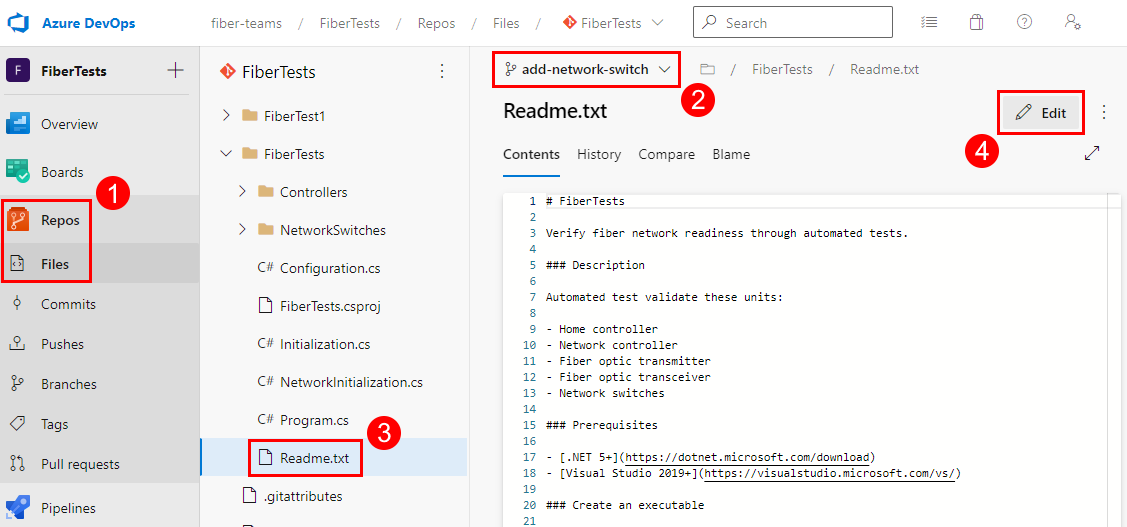 Azure Repos'ta bir dosyayı güncelleştirmek için Düzenle düğmesinin ekran görüntüsü.